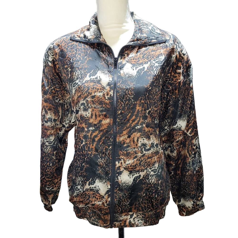 Vintage Silk Animal Print Bomber Jacket Size Small Women Thin Collar Zip 80s
